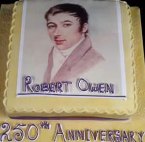 Robert Owen's 250th birthday cake from Ysgol Dafydd Llwyd